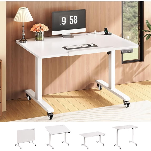 31.5" Foldable Electric Standing Desk for Small Space, 180° Tiltable Mobile Rising Computer Desk, Height Adjustable Drawing Desk, Study Writing Table