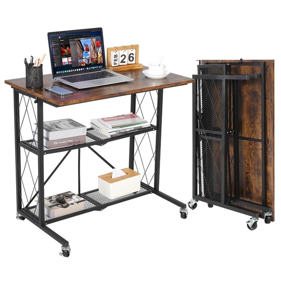 31.5" Folding 3-Tier Mobile Computer Desk – No-Assembly Rolling Metal Workstation with Open Shelving for Home or Office
