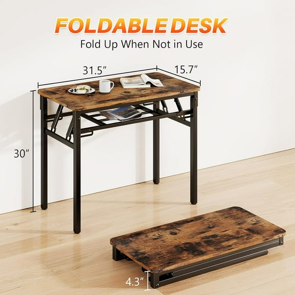 31.5" Folding Desk, No Assembly Computer Desk, Small Foldable Table with Storage Shelf, Study Table for Small Space, Writing Desk Compact Desk for Home Office (Brown, 31.5")