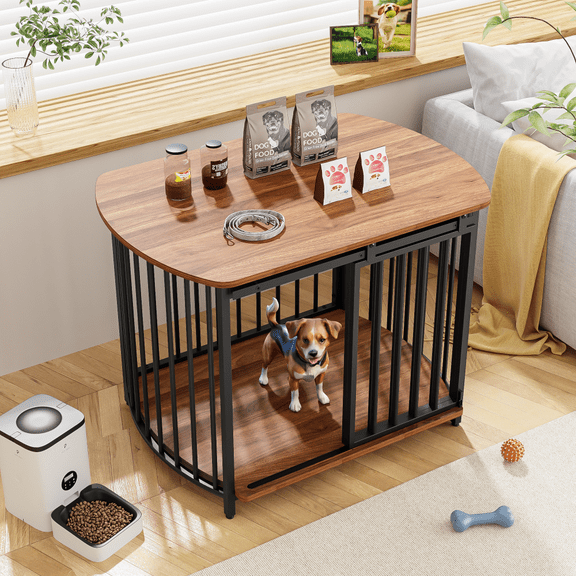 31.5" Furniture Style Dog Crate for Small and Medium Dogs, Wooden Cage Indoor Kennel Furniture, Modern Dog Crate End Table with Double-Doors, Brown