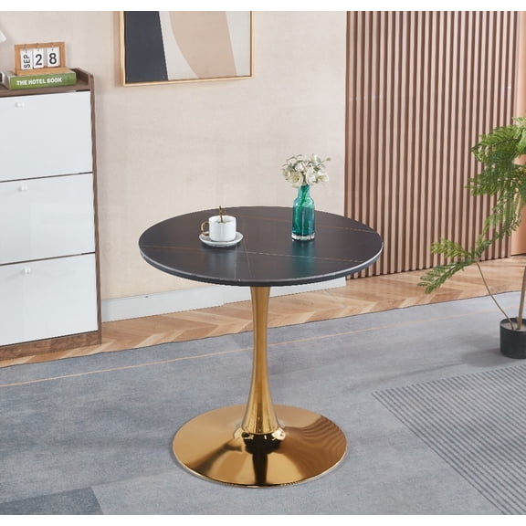31.5" GOLDEN AND BLACK Tulip Table - Mid-century Dining for 2-4, Round Mdf Top, Pedestal, Stable with MDF & Metal Legs - Smooth Surface for Easy Cleaning