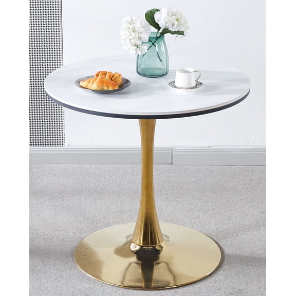31.5"GOLDEN AND WHITE Tulip Table Mid-century Dining Table for 2-4 people With Round Mdf Table Top, Pedestal Dining Table, End Table Leisure Coffee Table,ceramic and MDF top