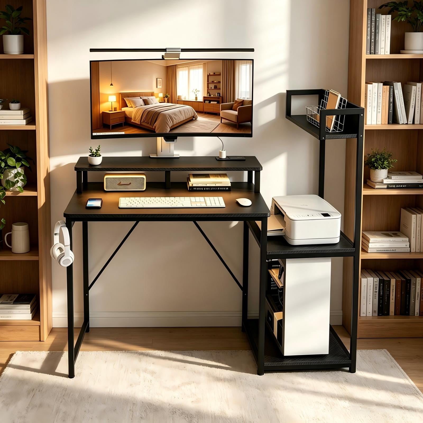 31.5" Gaming Desk with Bookshelf and Printer Stand, Faux Carbon Fiber Veneer, P2 Particleboard, LED Strip, Iron Pipe, Black