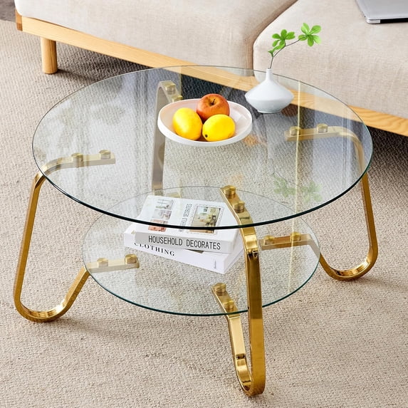 31.5" Gold Round Glass Coffee Table Modern Living Room Table 2-Layer Sofa Center Cocktail Table for Small Space Apartment, Clear Top and Retro Metal Frame (Gold)