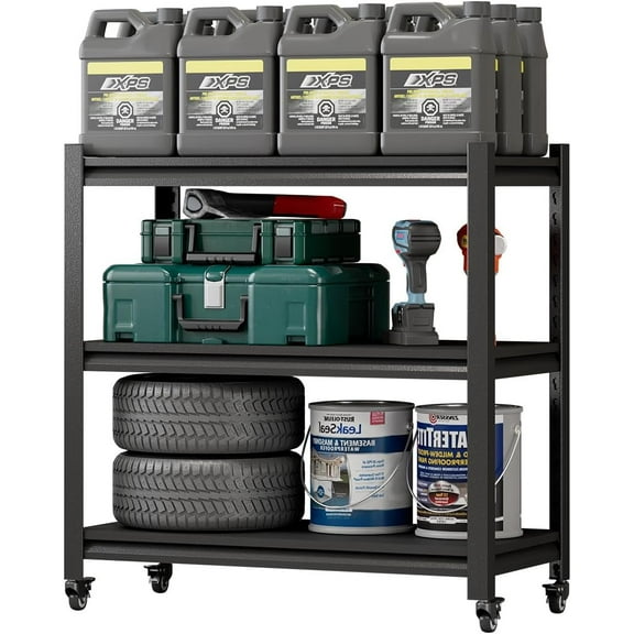 31.5" H Adjustable Workbench with Wheels,3-Tier Heavy Duty Work Table,Black Rolling Workshop Bench,Mobile Garage Workstation, Metal Tool Bench for Garage Warehouse Workshop