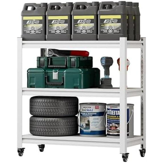 31.5" H Adjustable Workbench with Wheels,3-Tier Heavy Duty Work Table,White Rolling Workshop Bench,Mobile Garage Workstation, Metal Tool Bench for Garage Warehouse Workshop
