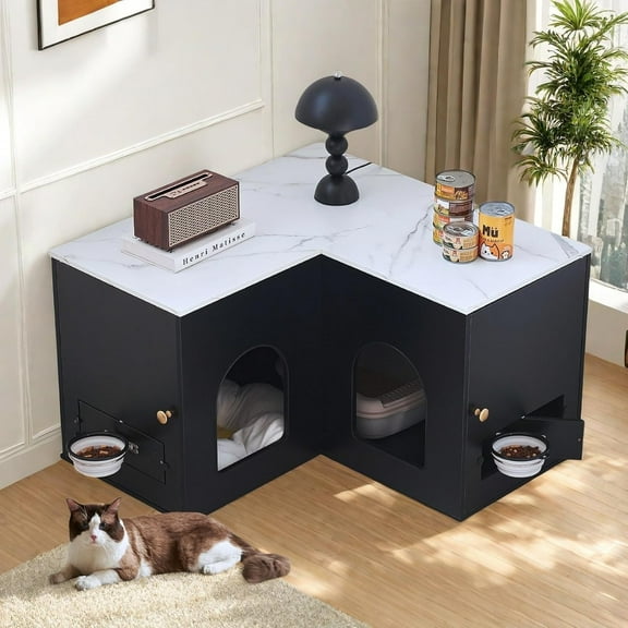 31.5" Hidden Corner Cat Litter Box Enclosure, Modern Litter Box Cabinet Furniture with Double Room and Collapsible Cat Bowl, Black
