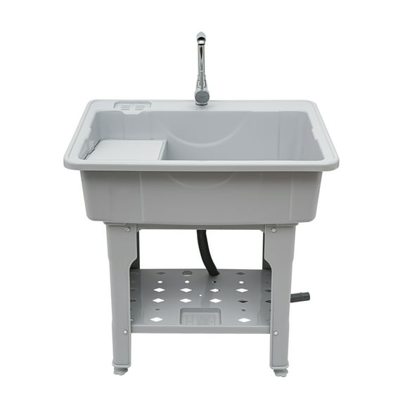 31.5" High Plastic Laundry Sinks w/ Utility Deep Bowl,Washboard,Faucet for Indoor Outdoor Gray