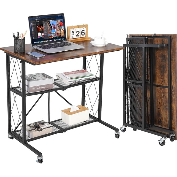 31.5 In Foldable Desk with Wheels and Storage Shelves Industrial Style Mobile Workstation for Home Office