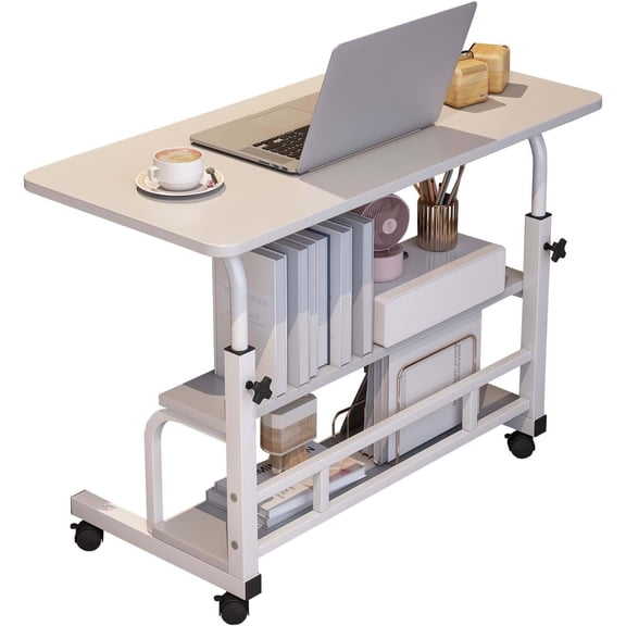 31.5 In Mobile Standing Desk with Wheels Adjustable Height Computer Table with Storage Shelves White