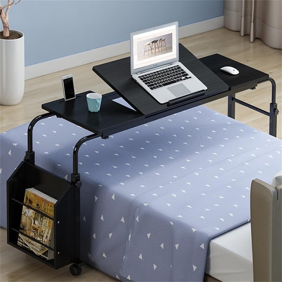 31.5 In Overbed Table with Wheels Adjustable Height Bed Desk Tilt Top Laptop Table Metal Frame Black for Home Office