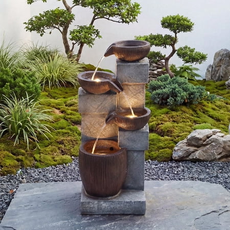 31.5 Inch 4-Tier Bowl Cascading Water Fountain, Freestanding Rustic Stone Column Waterfall with Warm LED Lights, Low Noise & UV Weather Resistant, Zen Relaxing Decor for Garden, Patio, Backyard