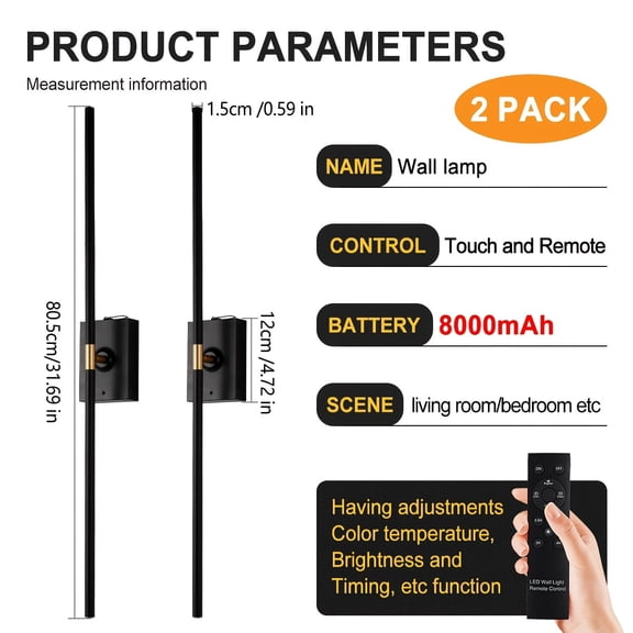 31.5 Inch Battery Operated Wall Sconce Set of 2, Dimmable Battery Sconces with Remote Control, 8000 mAh Rechargeable Sconces, 360° Rotate Modern LED Lights for Bedroom, Living Room, Black Gold