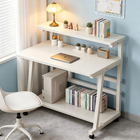 31.5 Inch Compact Rolling Computer Desk with Tier Worktable & Lockable Wheels, Small Computer Desk, Small Desk for Bedroom, Mobile Writing Workstation Easy Assembly for Home Office Small Spaces