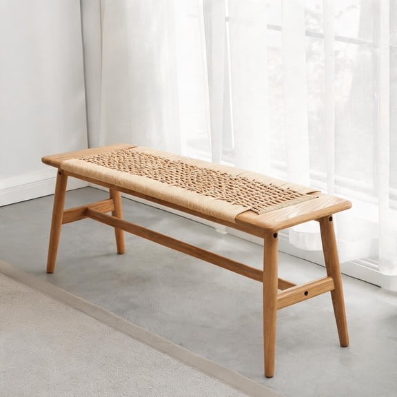 31.5 Inch Compact Seating Solid Wood Bench Multi-Room Use Natural Oak Woven Cane Seat