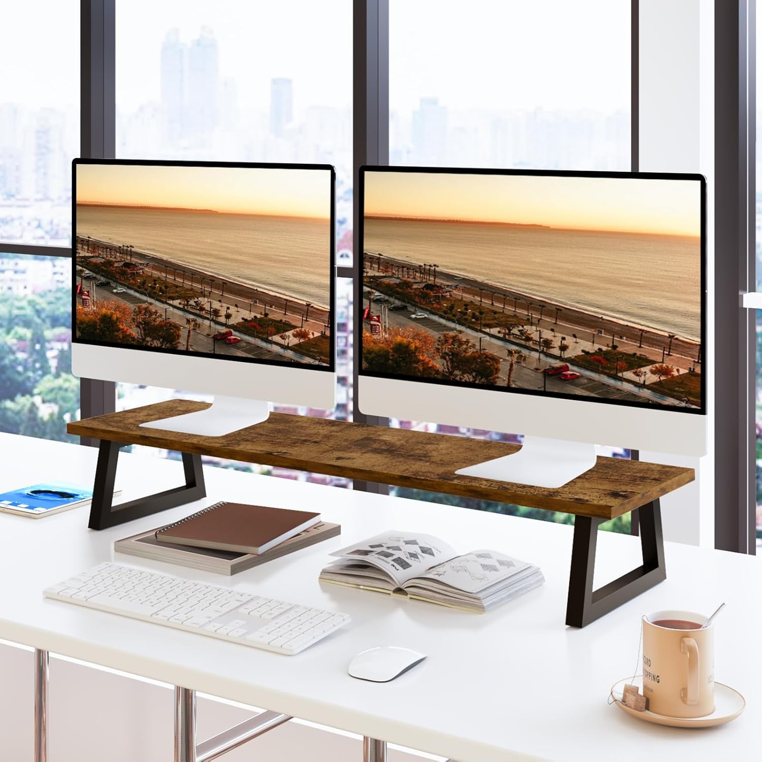 31.5 Inch Dual Monitor Riser Stand for Desk Organization with Storage Shelf