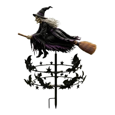 31.5 Inch The Enchanted Witch Garden Wind Spinner, Flying Witch Garden Weathervane, Metal Ground Insert Garden Stake, Gothic Style Halloween Decorations Yard Stake For Garden Patio Fall Decorations