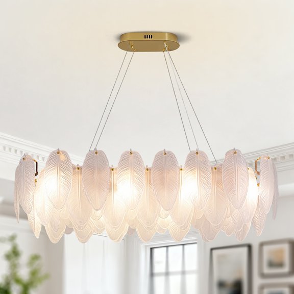 31.5 Inch Feather Glass Rectangular Chandelier, 10-Light E12 Socket Linear Pendant Light, Modern White Feather Shade Lamp for Kitchen Island Dining Table Breakfast Nook Luxury Home Decor