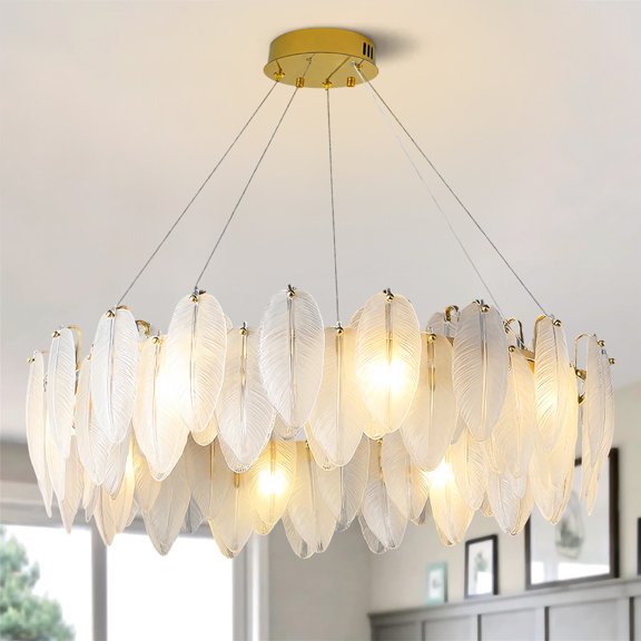 31.5 Inch Feather Glass Round Chandelier, 12-Light E12 Socket Linear Pendant Light, Modern White Feather Shade Lamp for Kitchen Island Dining Table Breakfast Nook Luxury Home Decor