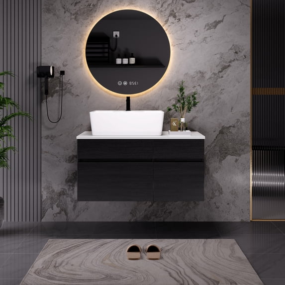 31.5 Inch Floating Bathroom Vanity with Ceramic Vessel Sink - Modern Wall-Mounted Design, Soft-Close Drawers & Engineered Stone Countertop for Small Bathrooms