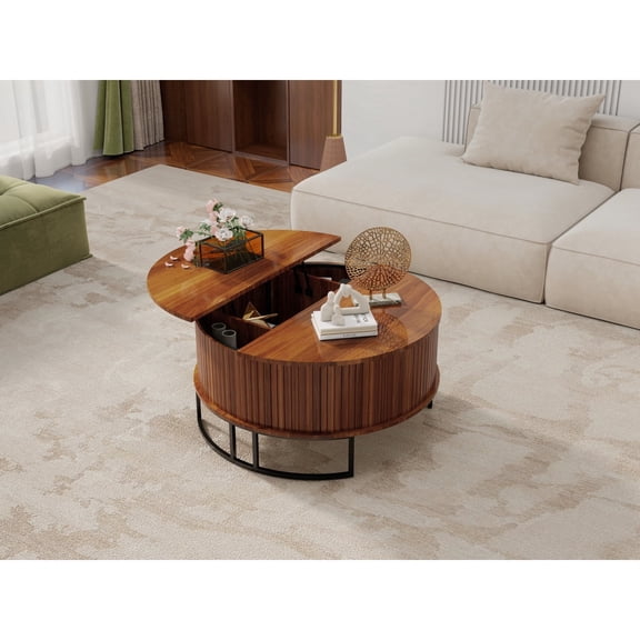 31.5 Inch Fluted Round Lift Top Coffee Table with Hidden Storage, Mid-Century Modern Flip-Top Curved Center Table with Metal Base for Living Room, Walnut Finish