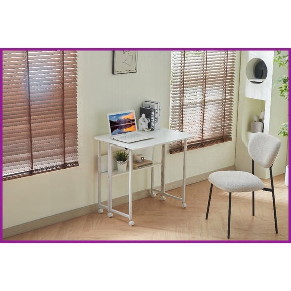 31.5 Inch Folding Coffee Table for Small Home Office/Study, Sturdy White Desk with Space-Saving Storage & Multi-Use Functionality
