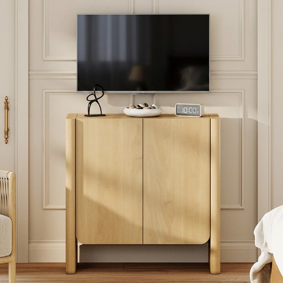 31.5-Inch French Minimalist TV Stand for 36" TVs, Push-to-Open Media Console with Adjustable Shelf, Cable Management, Oak