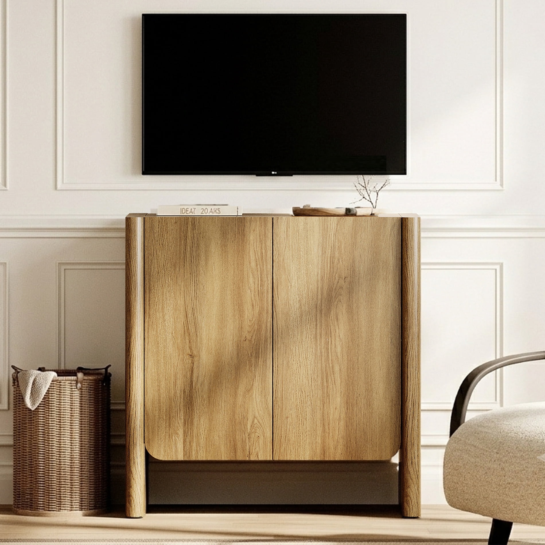 31.5-Inch French Minimalist TV Stand for 36" TVs, Push-to-Open Media Console with Adjustable Shelf, Cable Management, Walnut
