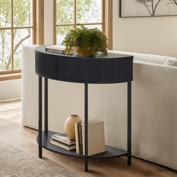 31.5-Inch Half Moon Console Table with Drawer Storage and Lower Shelf, Modern Semi-Circle Entryway Table for Small Spaces