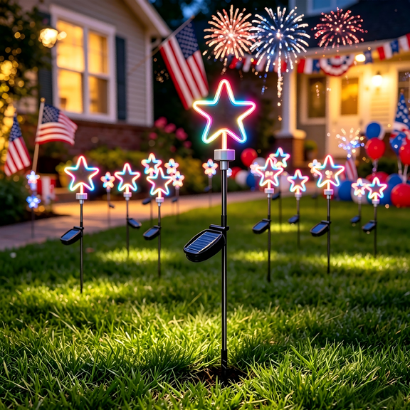 31.5 Inch Independence Day Solar Star Ground Light, 3 Colors Neon Outdoor Route Light Waterproof for Patriotic 4th of July Yard Decor