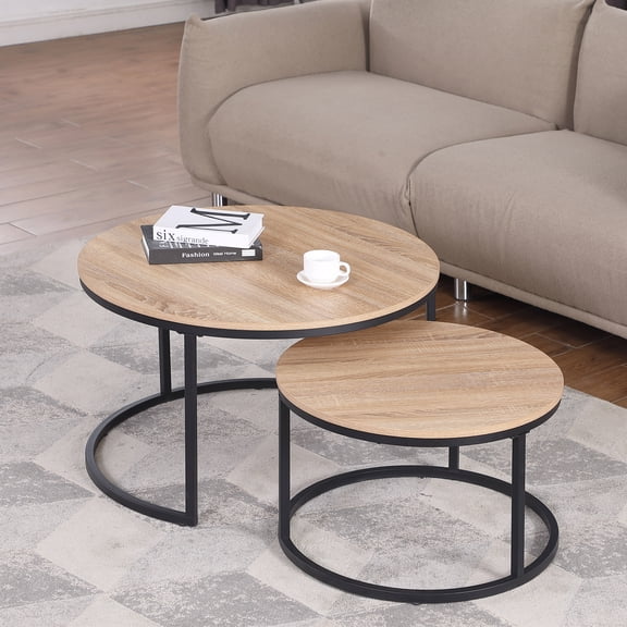 31.5 Inch Industrial Round Nesting Coffee Table Set, Stacking Center Tables with Metal Frame and Oak Wood Grain Finish, Supports 200 lbs, Modern for Living Room