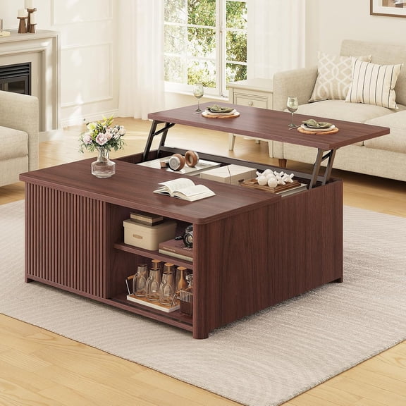 31.5 Inch Lift Top Coffee Table, Modern Fluted Center Table with Large Hidden Compartment & 4 Open Shelves, Square Wood Tea Table for Living Room, Walnut