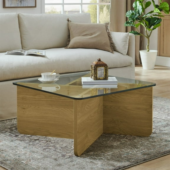 31.5 Inch Mid-Century Modern Square Coffee Table with Tempered Glass Top and Wooden Base for Living Room, Unique Small Space Decorative Furniture