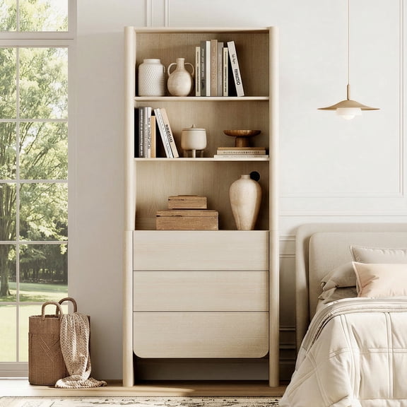 31.5-Inch Modern French Bookcase with Curved Edges, 3 Drawers and Open Shelves, 72.8" Tall, Beige