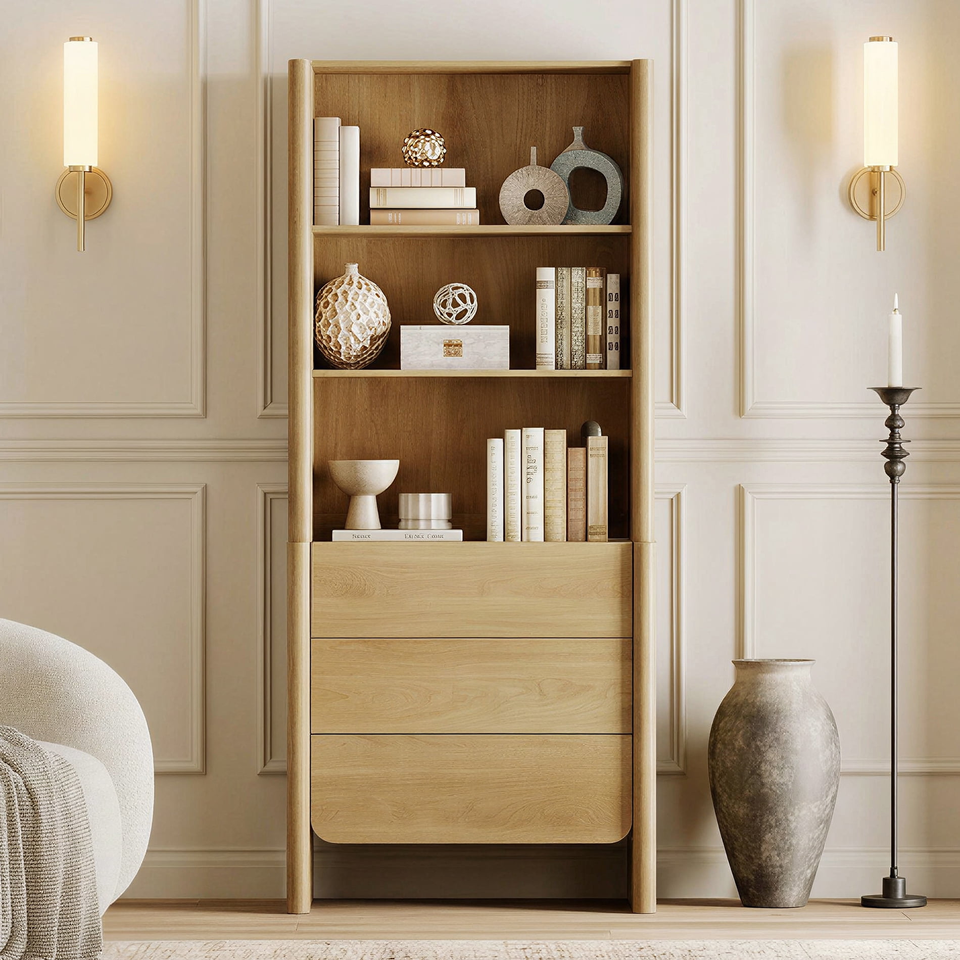 31.5-Inch Modern French Bookcase with Curved Edges, 3 Drawers and Open Shelves, 72.8" Tall, Oak