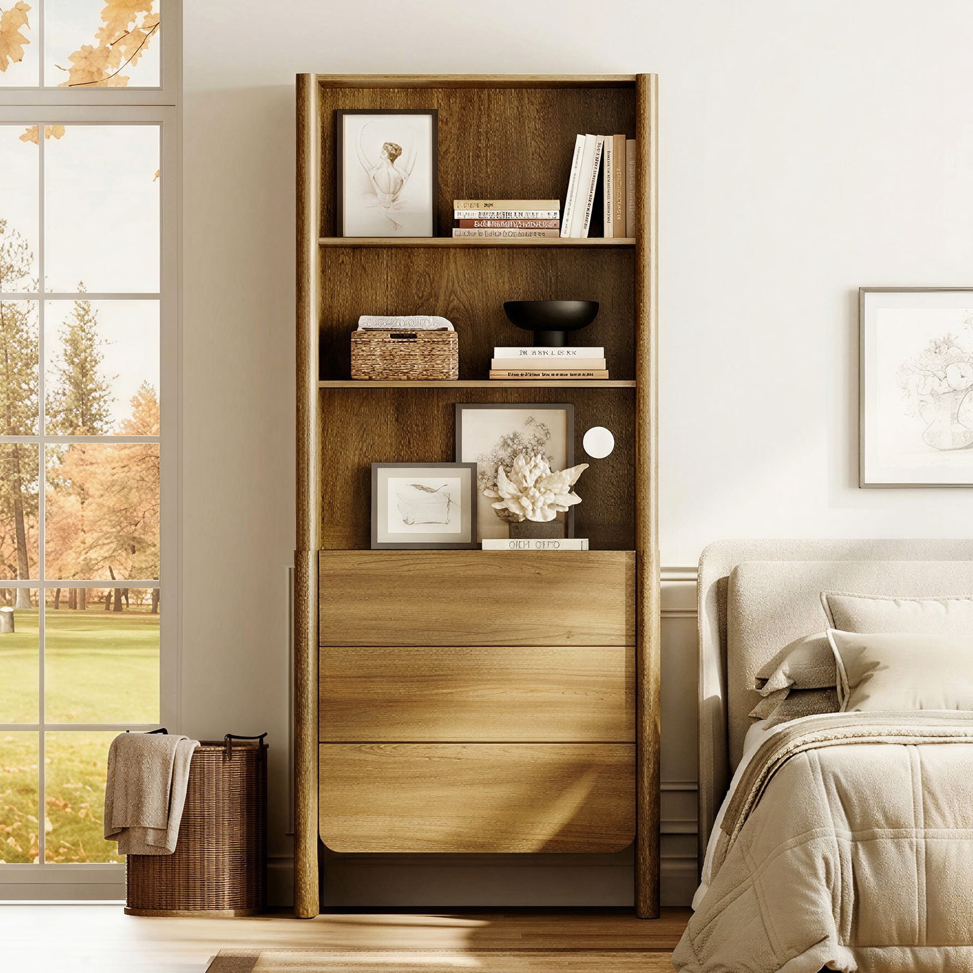 31.5-Inch Modern French Bookcase with Curved Edges, 3 Drawers and Open Shelves, 72.8" Tall, Walnut