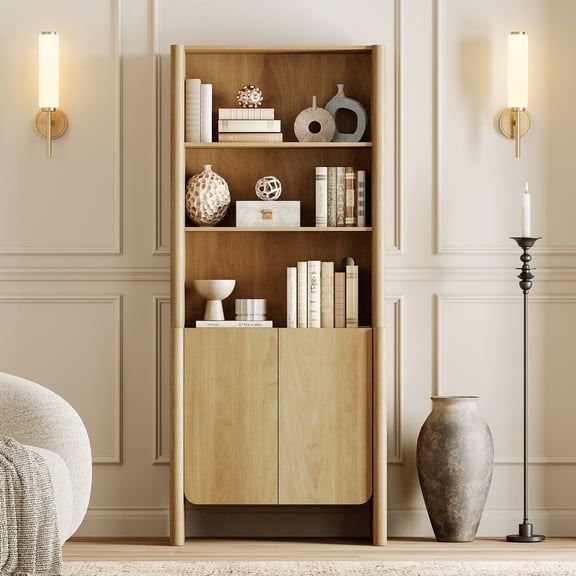 31.5-Inch Modern French Bookcase with Curved Edges, Cabinet Doors and Open Shelves, 72.8" Tall, Oak