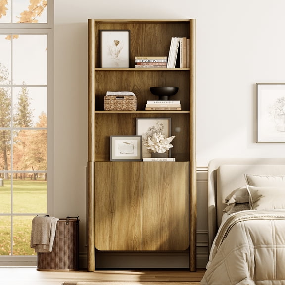 31.5-Inch Modern French Bookcase with Curved Edges, Cabinet Doors and Open Shelves, 72.8" Tall, Walnut