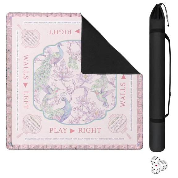 31.5 Inch Non-Slip Neoprene Travel Mahjong Mat with Rules and Bag, Pink American Mahjong Table Cloth for Poker Board Card Games, Great Gift (Chinoiserie)