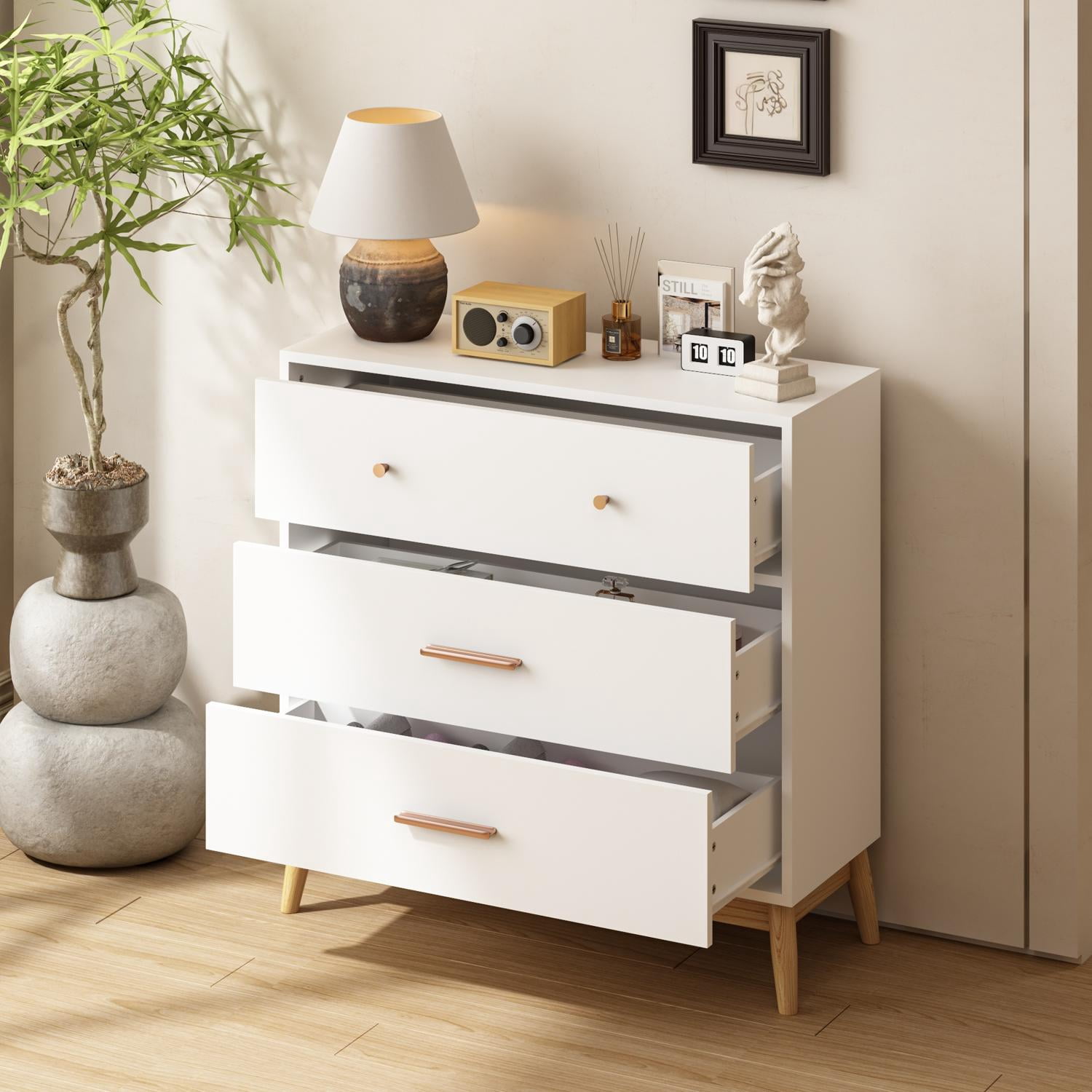 31.5-Inch Nordic Style 3-Drawer Storage Cabinet with Rose Gold Handles and Solid Wood Base, Modern Chest and Dresser for Office Kids Room, White and Natural