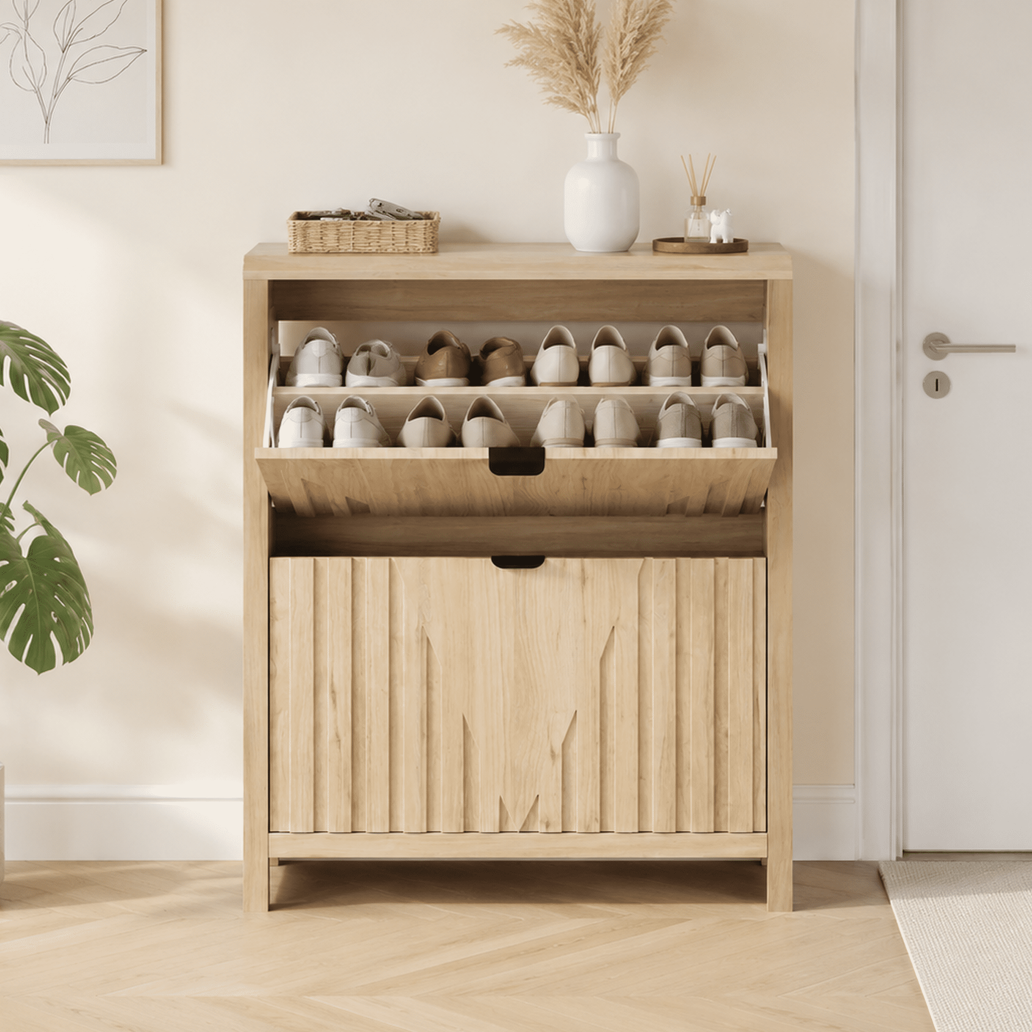 31.5 Inch Oak Flip-Down Shoe Cabinet with Vertical Carved Panels, Large Capacity Dustproof Freestanding Entryway Shoe Rack Holds 12-16 Pairs for Hallway Foyer