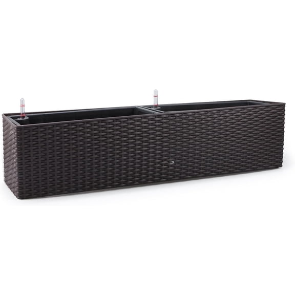 31.5 Inch Rattan Self Watering Planter Indoor Outdoor, Thickened Large Rail Flower  Pot Window Box with Water Level Indicators (Brown)