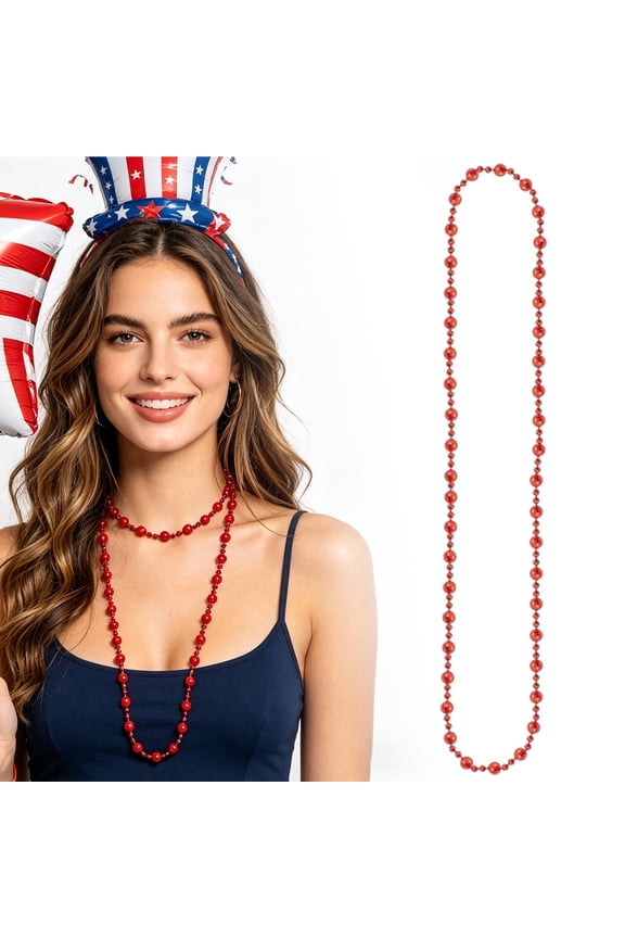 31.5 Inch Red Beaded Necklace, Patriotic Round Bead Chain for 4th of July Independence Day, Memorial Day, Parades, Party Favors & Holiday Events