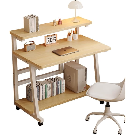 31.5 Inch Rolling Desk, Mobile Workstation with Stand, Tier Table & Lockable Wheels, Metal Frame Easy Assembly Desk for Bedroom Office