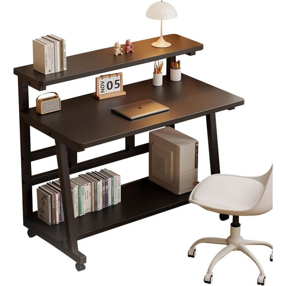 31.5 Inch Rolling  Desk, Mobile Workstation with  Stand, Tier Table & Lockable Wheels, Metal Frame Easy Assembly Desk for Bedroom  Office