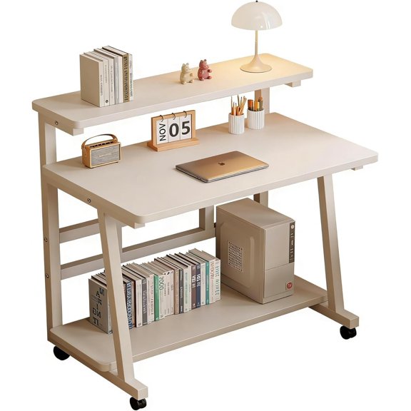 31.5 Inch Rolling  Desk, Mobile Workstation with  Stand, Tier Table & Lockable Wheels, Metal Frame Easy Assembly Desk for Bedroom  Office
