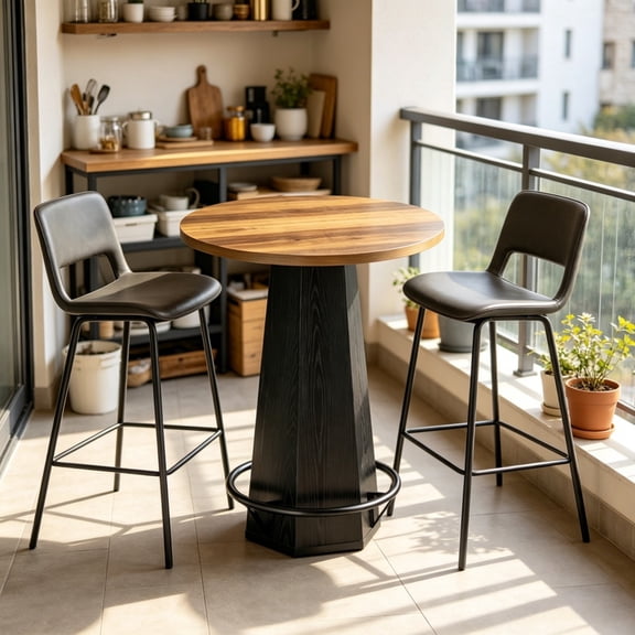 31.5 Inch Round Bar Table Only Hexagonal Pedestal Pub Table with Metal Footrest MDF Counter Table for Home Bar Cafe Small Space