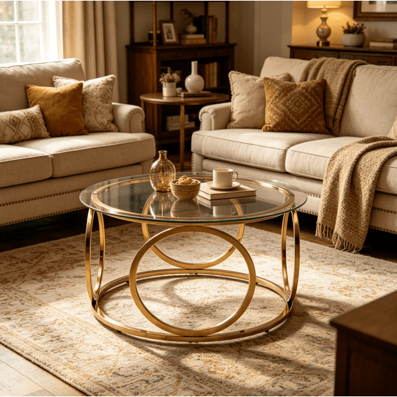 31.5 Inch Round Coffee Table, 2-Tier Gray Tempered Glass Coffee Table with Ring-Shaped Chrome Metal Frame, Modern Silver Center Table for Living Room Bedroom Office