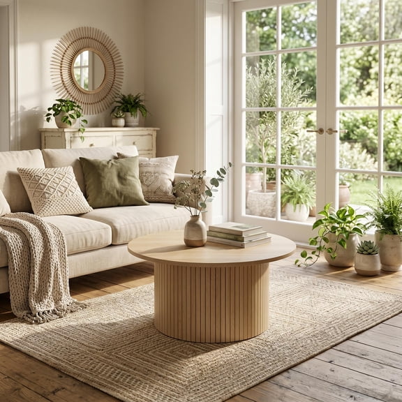 31.5 Inch Round Coffee Table, Compact Circle Table with Fluted Surface & Metal Frame, Ideal for Living Room Use