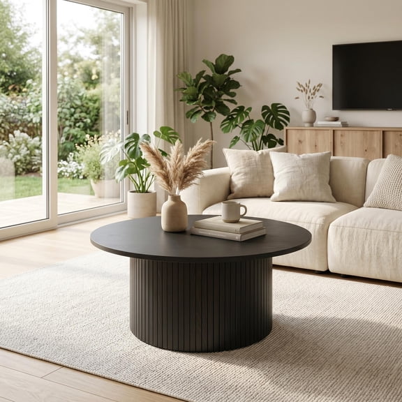31.5 Inch Round Coffee Table, Compact Circle Table with Fluted Surface & Metal Frame, Ideal for Living Room Use